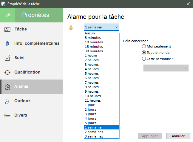 Paramétrage de l'alarme du rendez-vous
