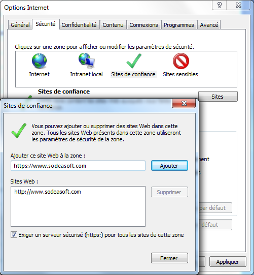 Internet Explorer exception site