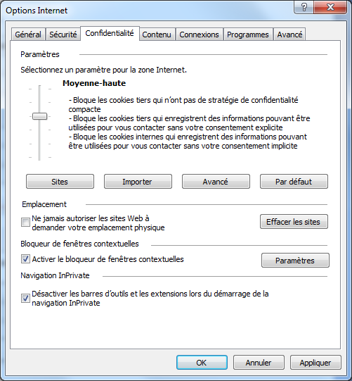 Internet Explorer cookies moyenne-haute