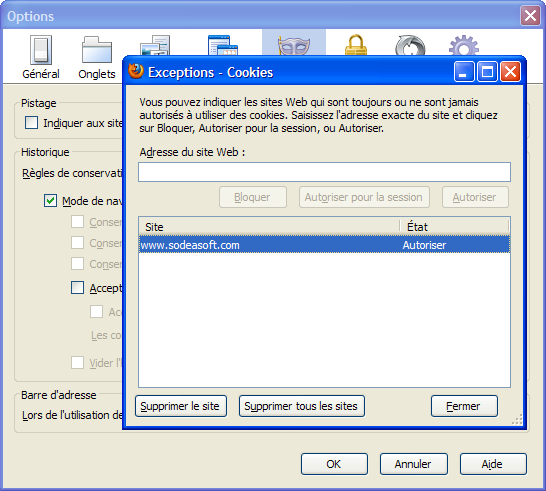 FireFox exceptions site