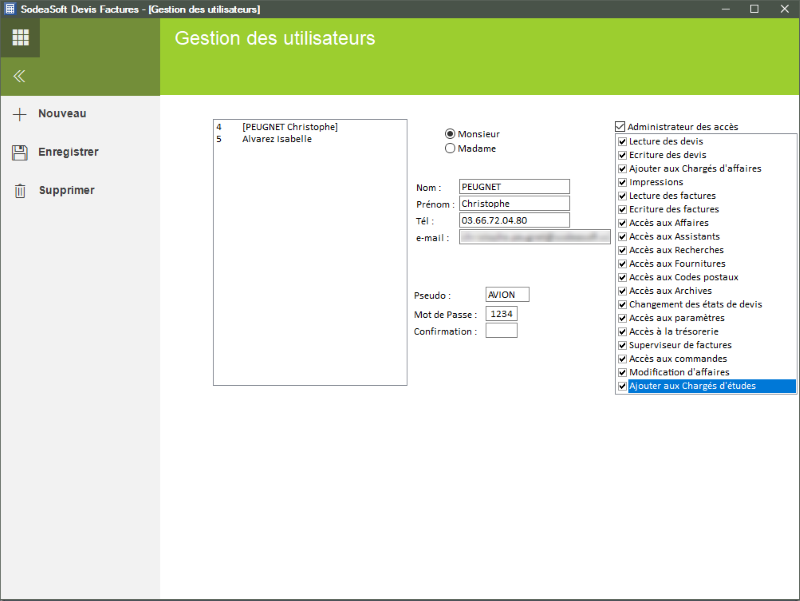 Logiciel SodeaSoft Business - Gestion des droits d'accès
