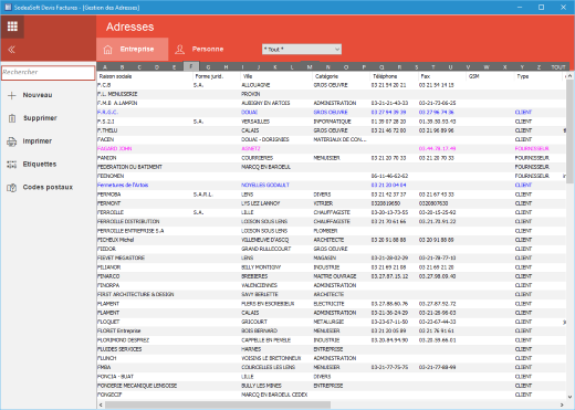 Interface de gestion des adresses dans le logiciel d'étude