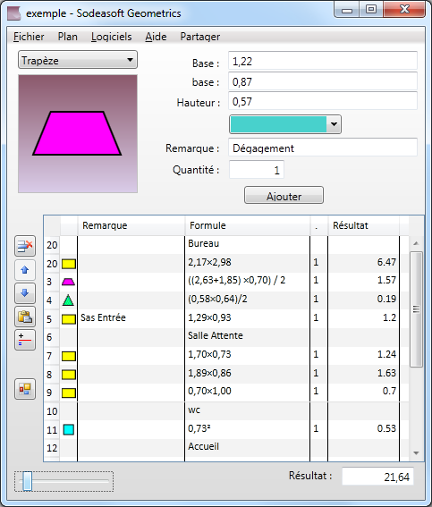 Saisi des formes géométriques pour calculer une surface