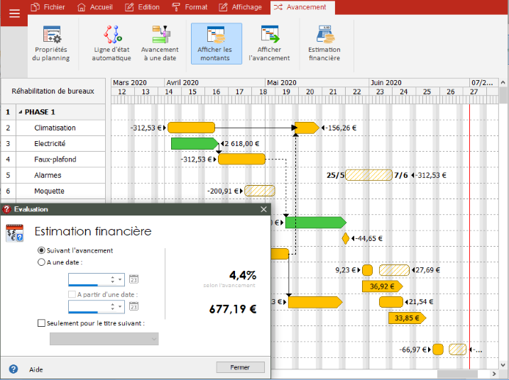 SodeaSoft Gnt Planning - Fenêtre d'interrogation de l'estimation à un instant précis