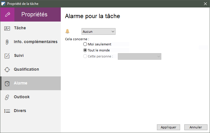 Logiciel Planning Pro - Paramétrage de l'alarme sur la tâche