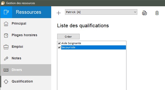 Choix des qualification de la ressource dans le logiciel de planning