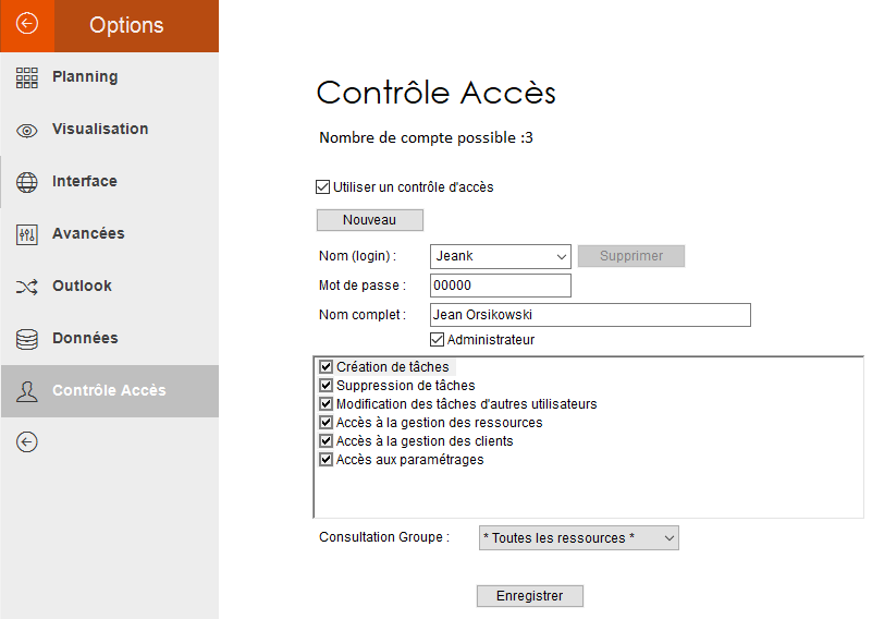 logiciel Planning Pro - Gestionnaire de droits Utilisateurs