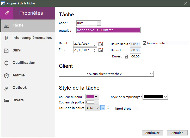 SodeaSoft Planning Pro - Propriétés d'une tâche
