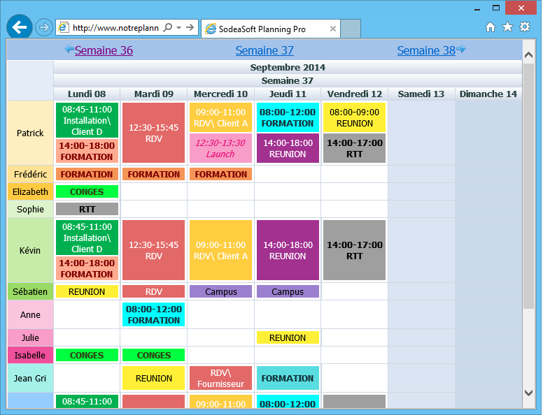 Ecran du planning sur votre navigateur internet