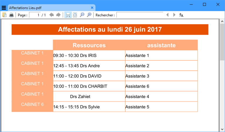 impression des affectations paramétré dans le planning