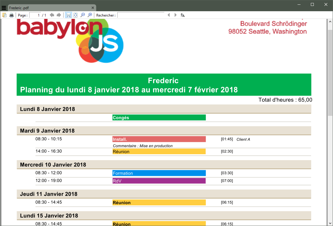 impression du planning horaire du salarié