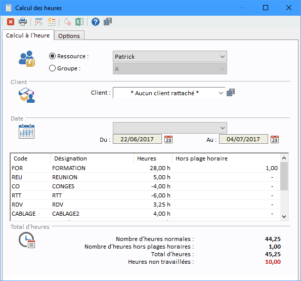 Fenêtre des calcul des heures du logiciel de planning