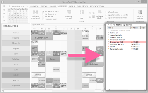 Liste des tâches à planifier dans Planning Pro