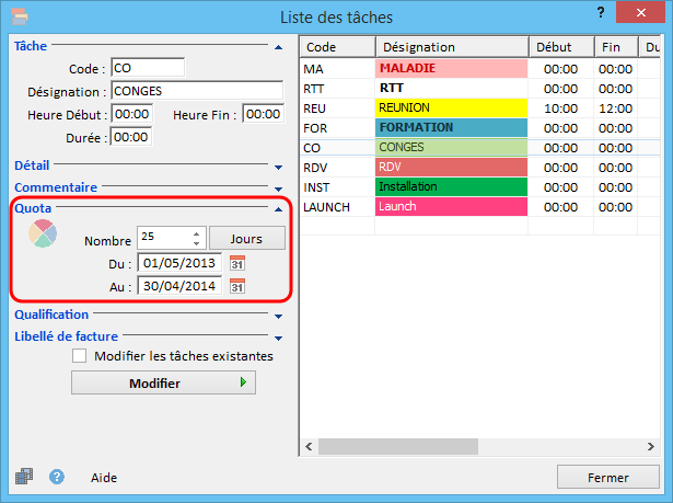 Paramètre de quota d'une tâche dans le logiciel sodeasoft