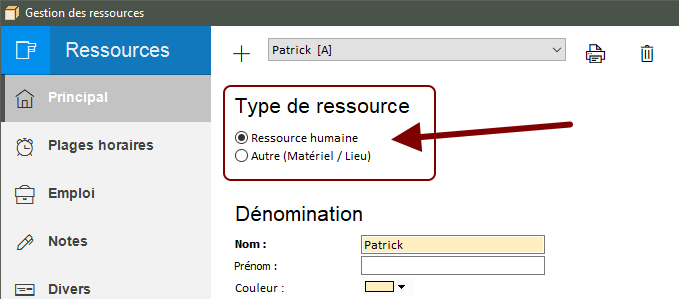 Choix du type de ressources du logiciel de planning