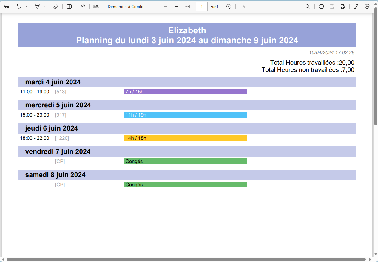 impression du planning horaire du salarié