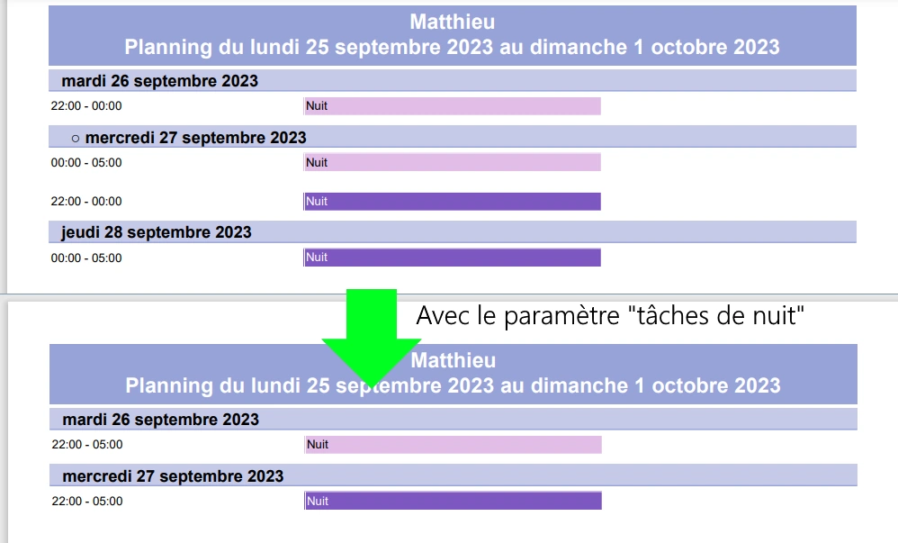 impression des tâches du planning de nuit