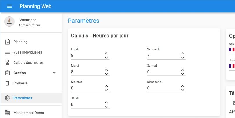 définir les jours ouvrés dans planning web