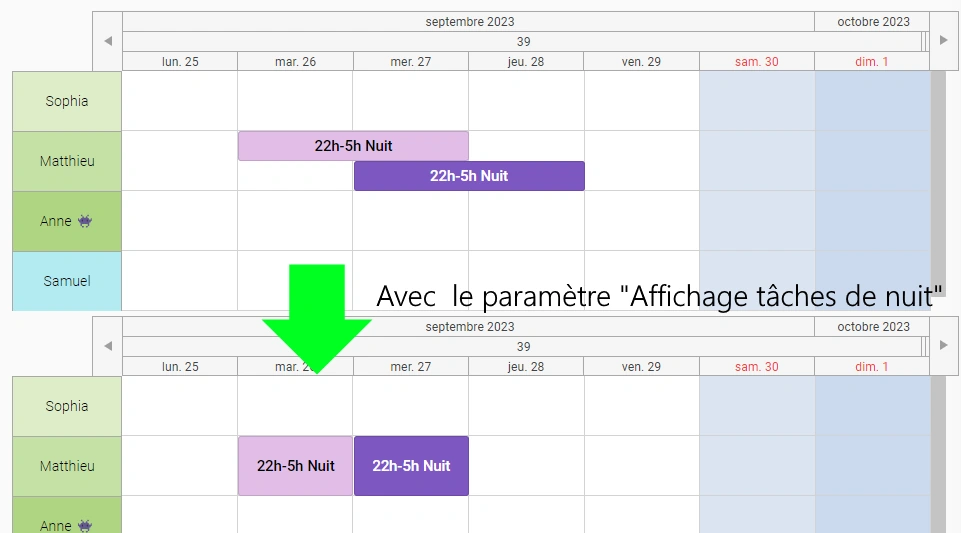 affichage spéciale des tâches de nuits dans le planning