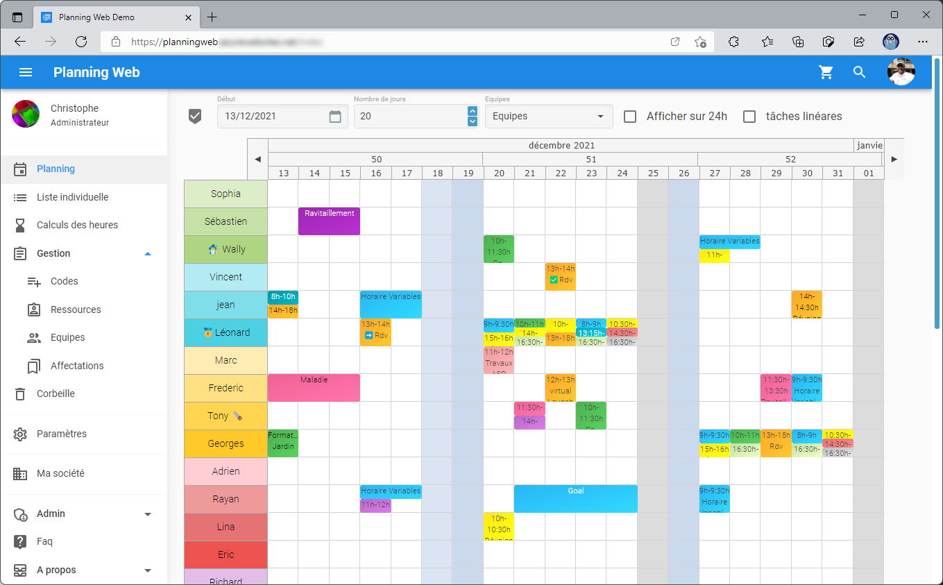 Vue principale du planning