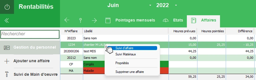 Accèdez au suivi d'affaire dans Rentabilités