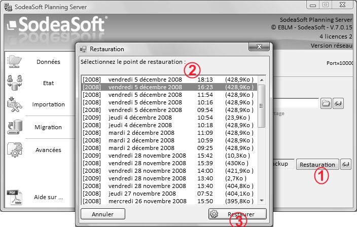 Restaurer les données du planning